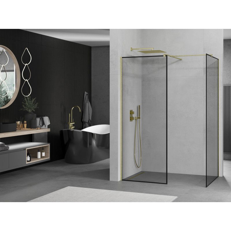 Mexen Kioto shower wall Walk-in 140 x 90 cm, black frame, gold brushed - 800-140-202-55-70-090