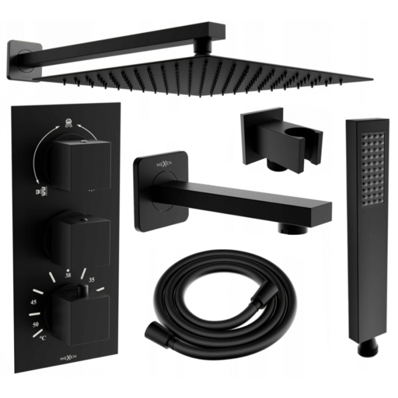Mexen Cube DR02 recessed bathtub and shower set with 30 cm rain shower head, black - 77503DR0230-70