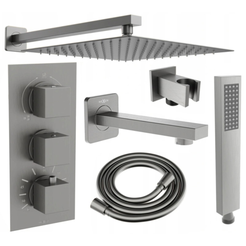 Mexen Cube DR02 built-in bathtub and shower set with 25 cm rain showerhead, brushed gun gray - 77503DR0225-66