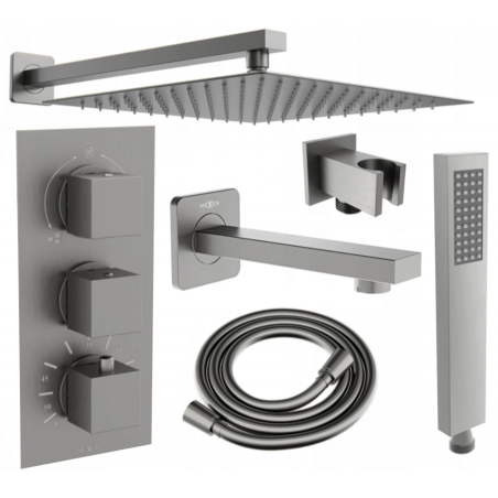 Mexen Cube DR02 built-in bathtub and shower set with 25 cm rain showerhead, brushed gun gray - 77503DR0225-66