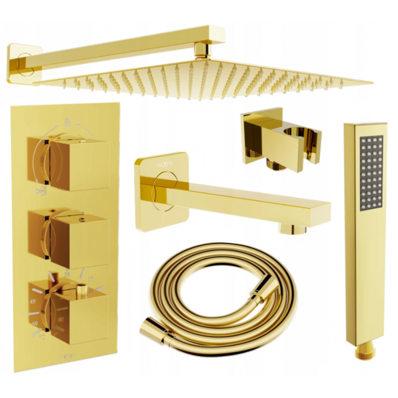 Mexen Cube DR02 flush-mount shower and bath set with a rainmaker 25 cm, Gold - 77503DR0225-50