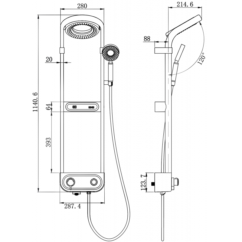 Mexen Peak exposed shower set with overhead shower and mixer, LED display, white - 78106-20