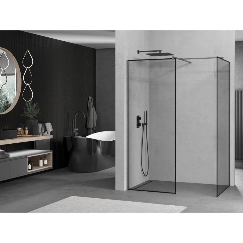 Mexen Kioto Walk-in Shower Wall 130 x 80 cm, Black Frame, Gun Gray Brushed - 800-130-202-66-70-080