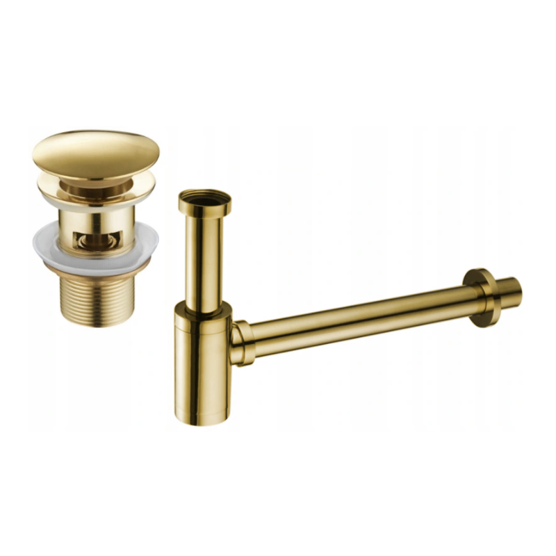 Mexen round washbasin bottle trap with click-clack plug, with overflow, gold - 7992050-50