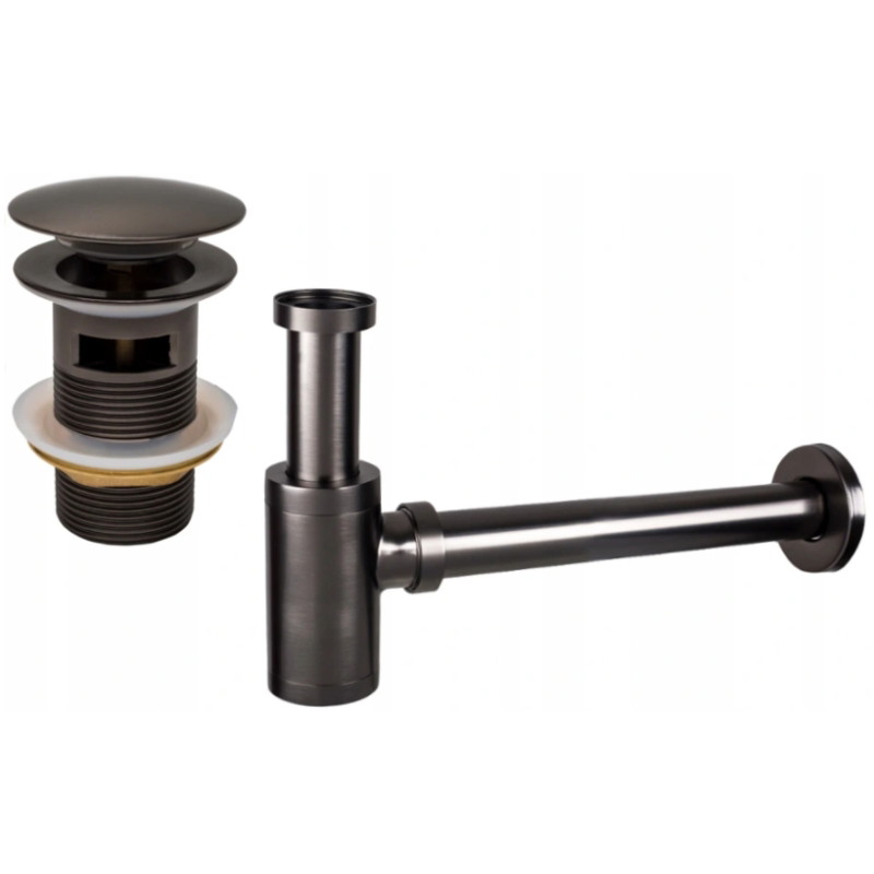 Mexen round sink semi-siphon with click-clack plug, with overflow, brushed gun gray - 7992050-66
