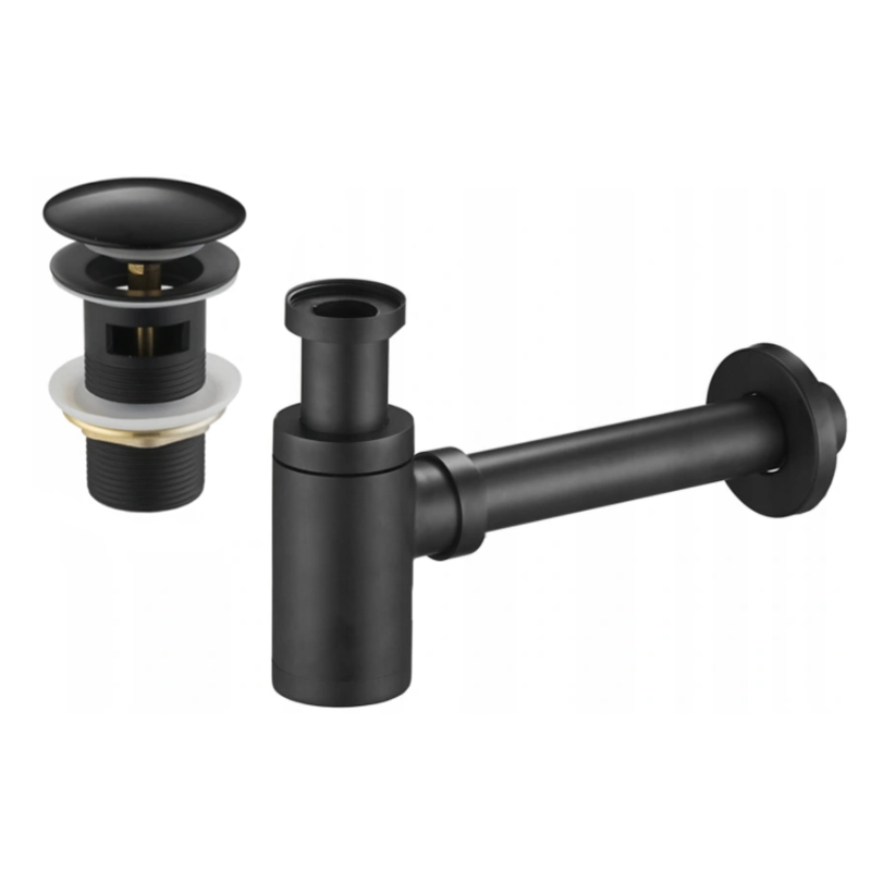 Mexen round basin half siphon with click-clack stopper, with overflow, black - 7992050-70