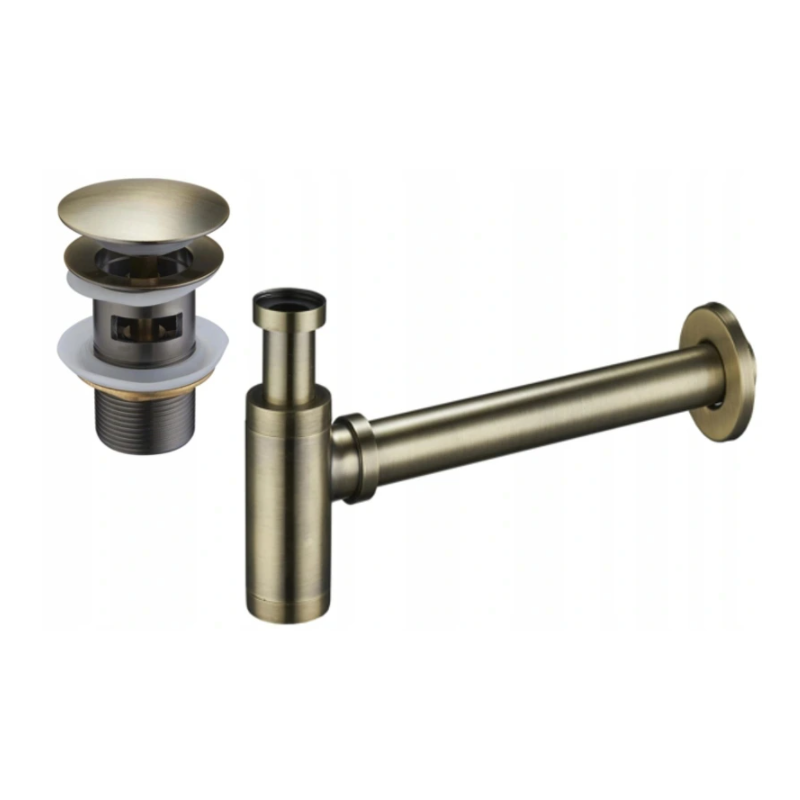 Mexen round washbasin half-siphon with click-clack plug, with overflow, antique brass - 7992050-40