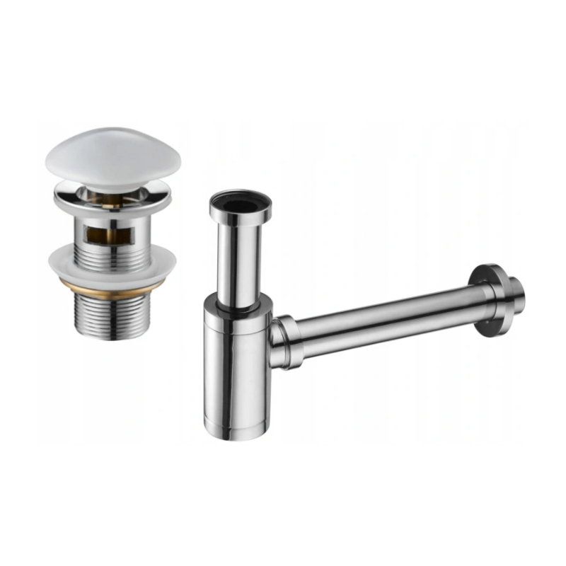 Mexen half-basin round bottle trap with ceramic click-clack plug, with overflow, chrome/white - 7992050-02