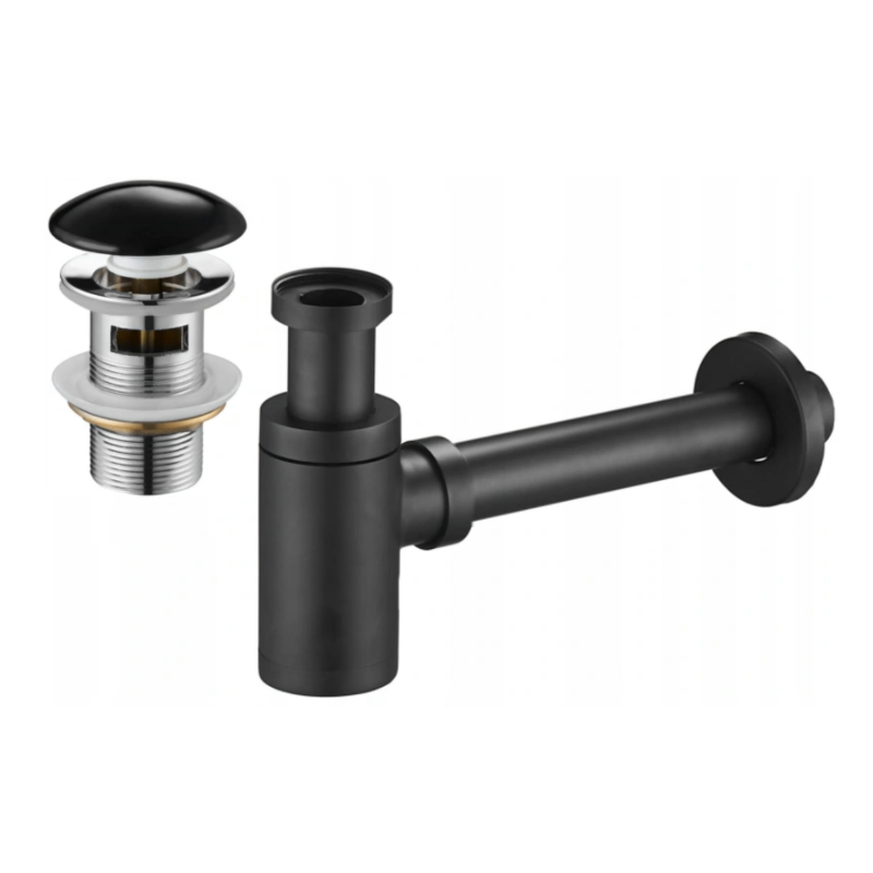 Mexen round sink bottle trap with ceramic click-clack stopper, with overflow, black - 7992050-75