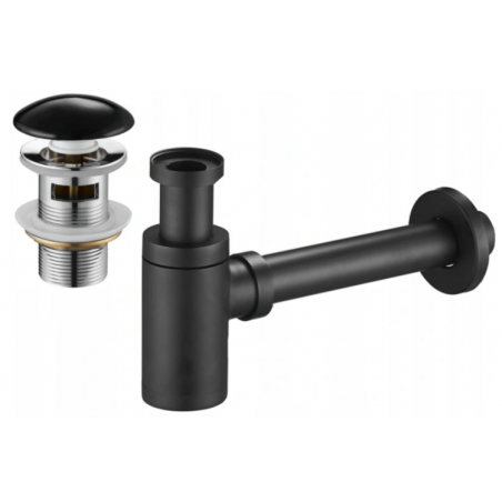 Mexen round washbasin semi-siphon with ceramic click-clack plug, with overflow, black - 7992050-75