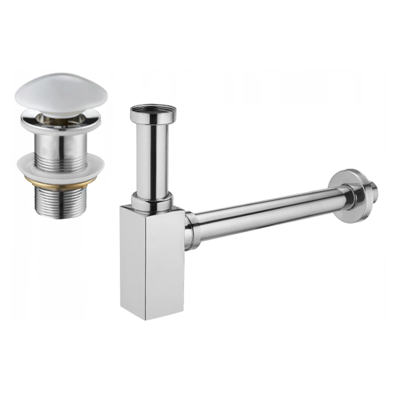 Mexen square half-siphon for washbasin with click-clack ceramic plug, without overflow, chrome/white - 7991060-02