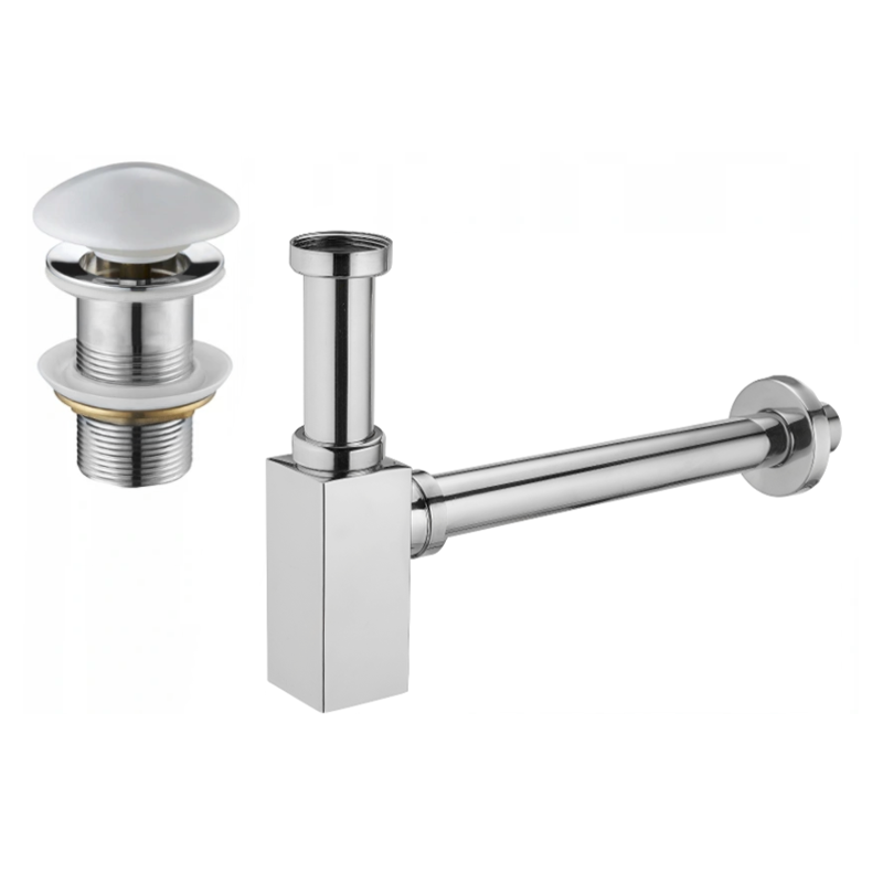 Mexen square washbasin semi-siphon with ceramic click-clack plug, without overflow, chrome/white - 7991060-02