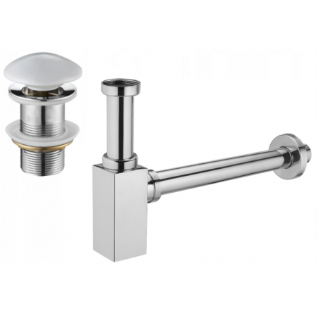 Mexen square half-siphon for washbasin with click-clack ceramic plug, without overflow, chrome/white - 7991060-02