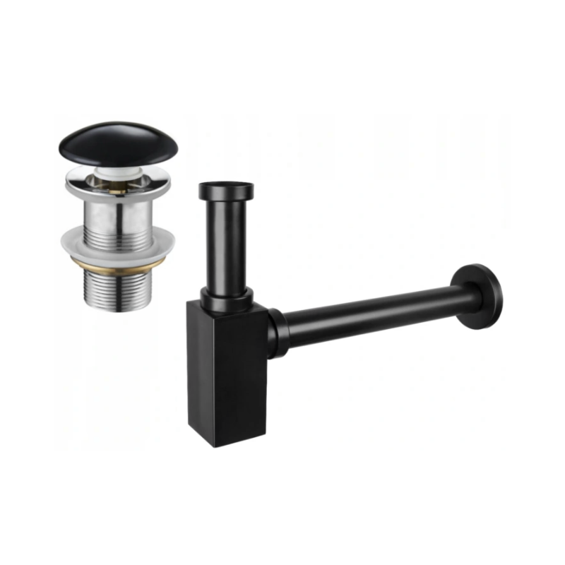 Mexen square washbasin semi-siphon with ceramic click-clack plug, without overflow, black - 7991060-75