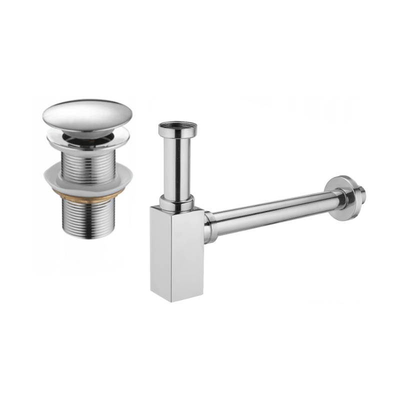 Mexen half-basin square bottle trap with click-clack plug, without overflow, chrome - 7991060-00