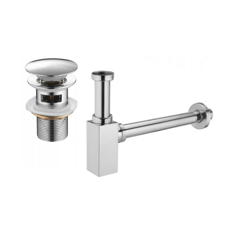 Mexen square washbasin bottle trap with click-clack plug, with overflow, chrome - 7992060-00