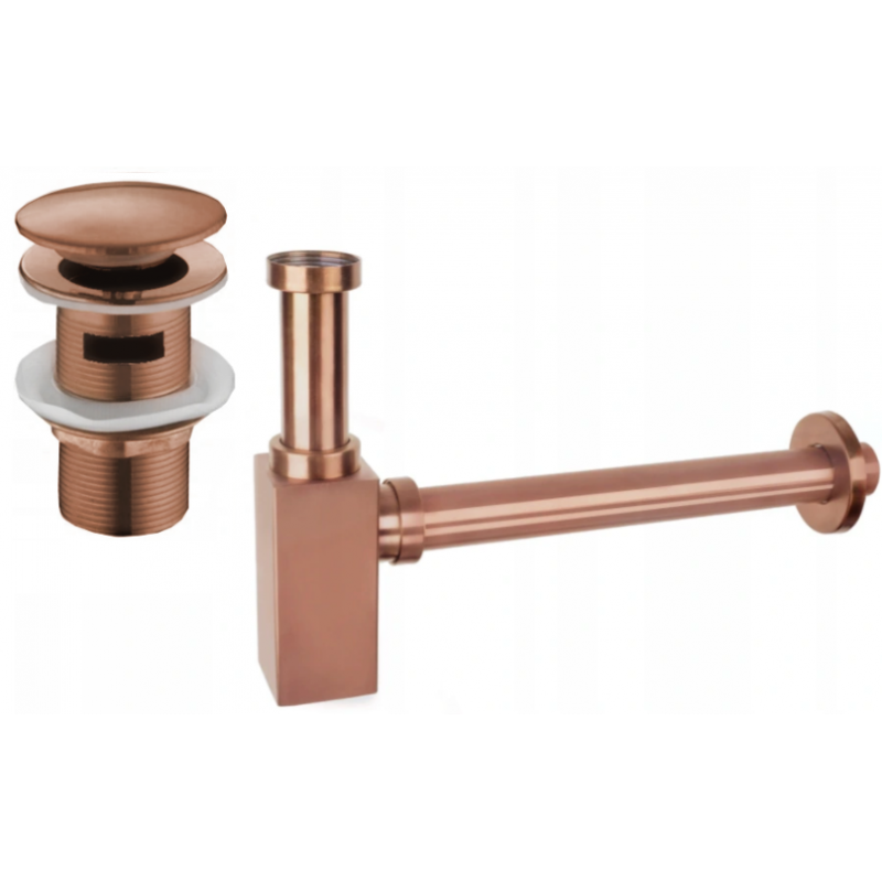 Mexen square washbasin siphon with a click-clack plug and overflow, Rose gold - 7992060-60