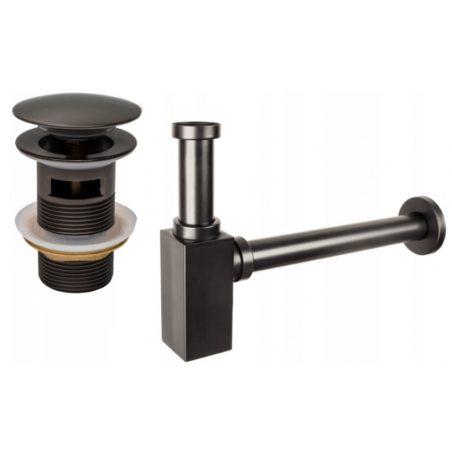 Mexen square washbasin bottle trap with click-clack stopper, with overflow, brushed gun gray - 7992060-66