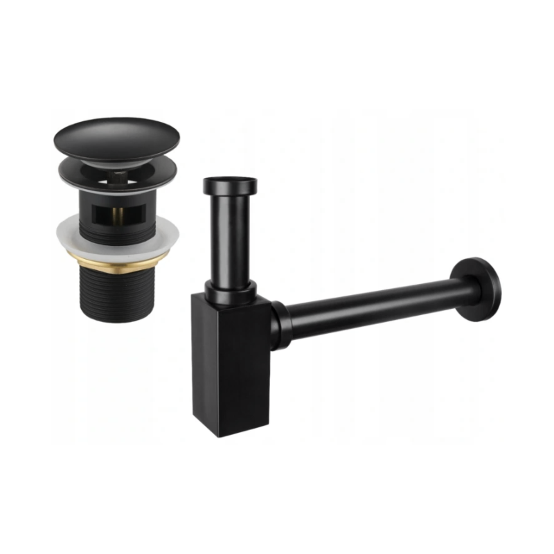 Mexen square washbasin bottle trap with click-clack plug, with overflow, black - 7992060-70