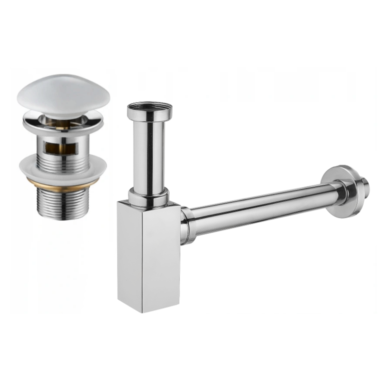 Mexen square washbasin bottle trap with ceramic click-clack stopper, with overflow, chrome/white - 7992060-02