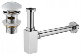 Mexen square washbasin bottle trap with ceramic click-clack stopper, with overflow, chrome/white - 7992060-02