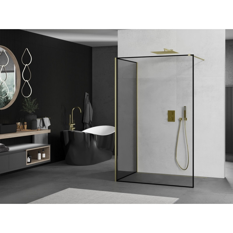 Mexen Kioto Walk-in shower wall 90 x 80 cm, black frame, brushed gold - 800-090-212-55-70-080