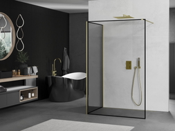 Mexen Kioto Walk-in shower wall 90 x 80 cm, black frame, brushed gold - 800-090-212-55-70-080