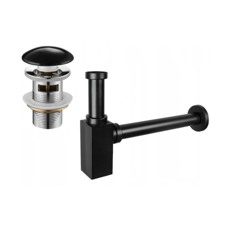 Mexen square washbasin bottle trap with ceramic click-clack plug, with overflow, black - 7992060-75