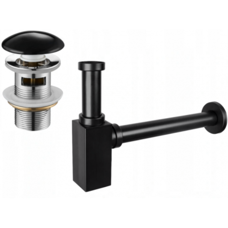 Mexen square washbasin bottle trap with ceramic click-clack plug, with overflow, black - 7992060-75