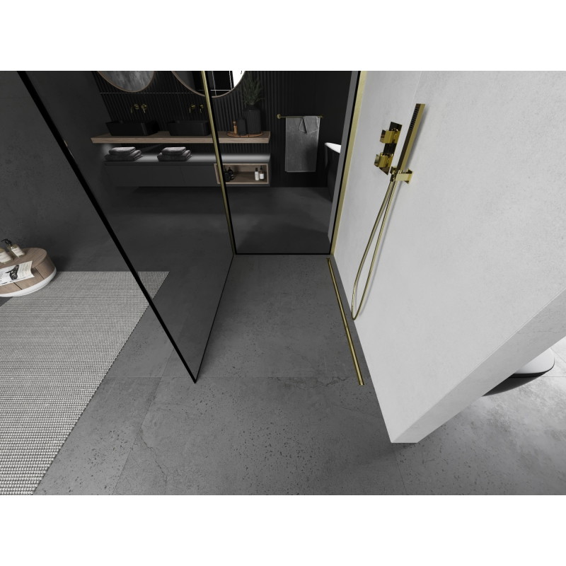 Mexen Kioto Walk-in shower wall 90 x 80 cm, black frame, brushed gold - 800-090-212-55-70-080