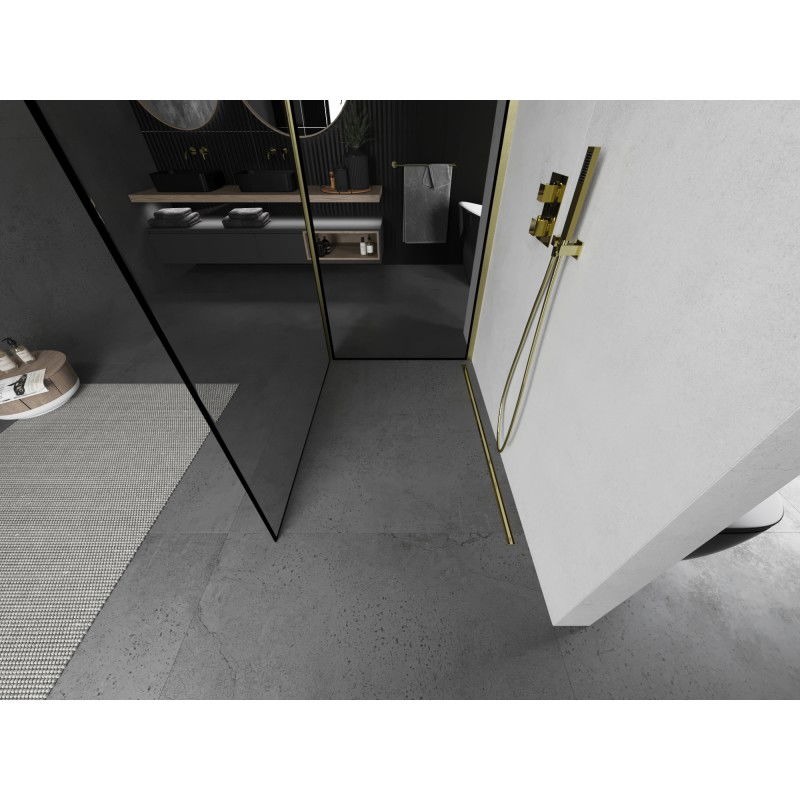 Mexen Kioto walk-in shower wall 140 x 80 cm, black frame, brushed gold - 800-140-212-55-70-080