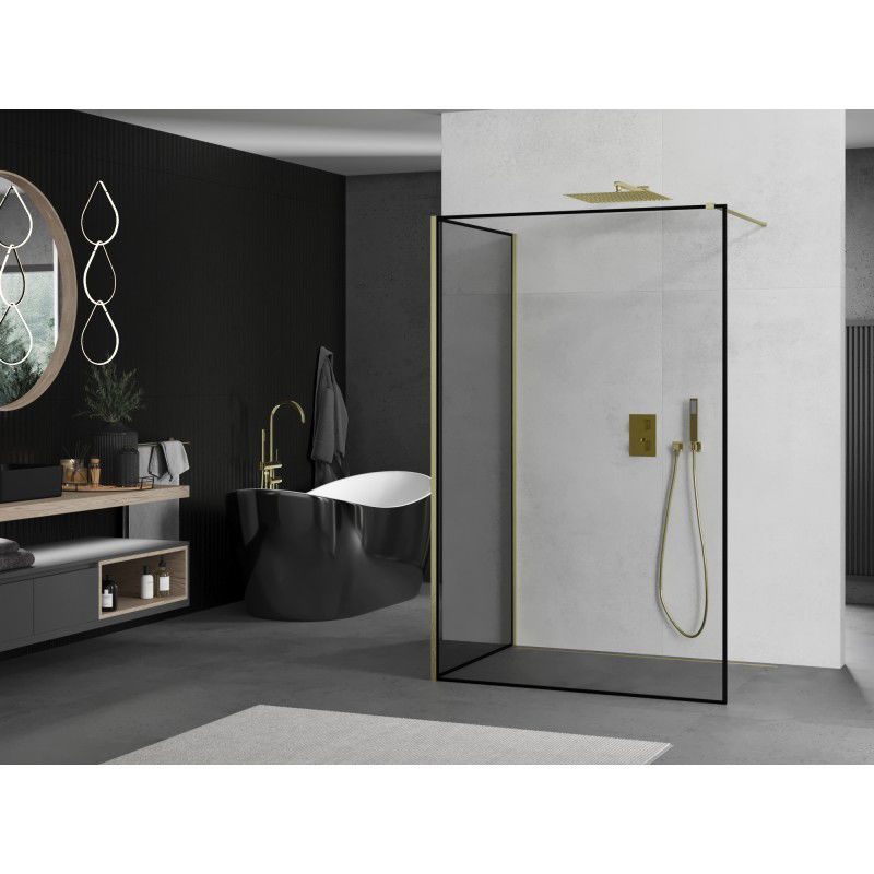 Mexen Kioto Walk-in Shower Wall 110 x 100 cm, Black Frame, Brushed Gold - 800-110-212-55-70-100