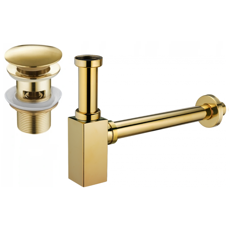 Mexen square washbasin siphon with a click-clack plug and overflow, Gold - 7992060-50