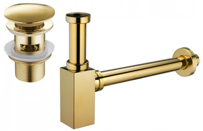 Mexen square washbasin siphon with a click-clack plug and overflow, Gold - 7992060-50