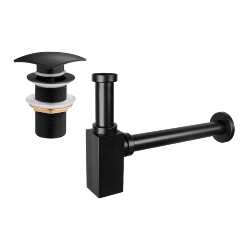 Mexen square basin bottle trap with click-clack plug, no overflow, black - 7991660-70