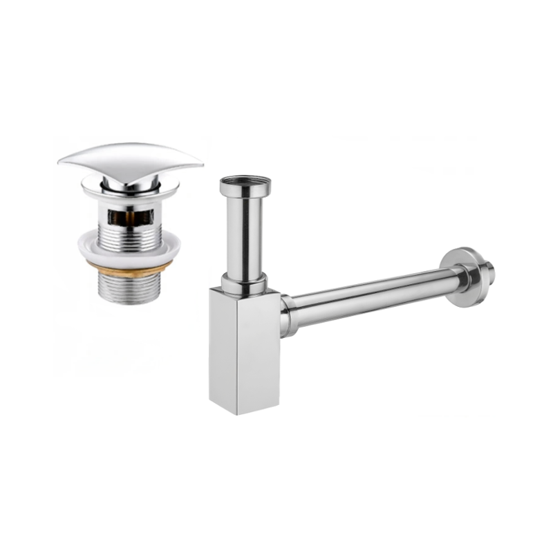 Mexen half-basin square siphon with click-clack plug, with overflow, chrome - 7992660-00