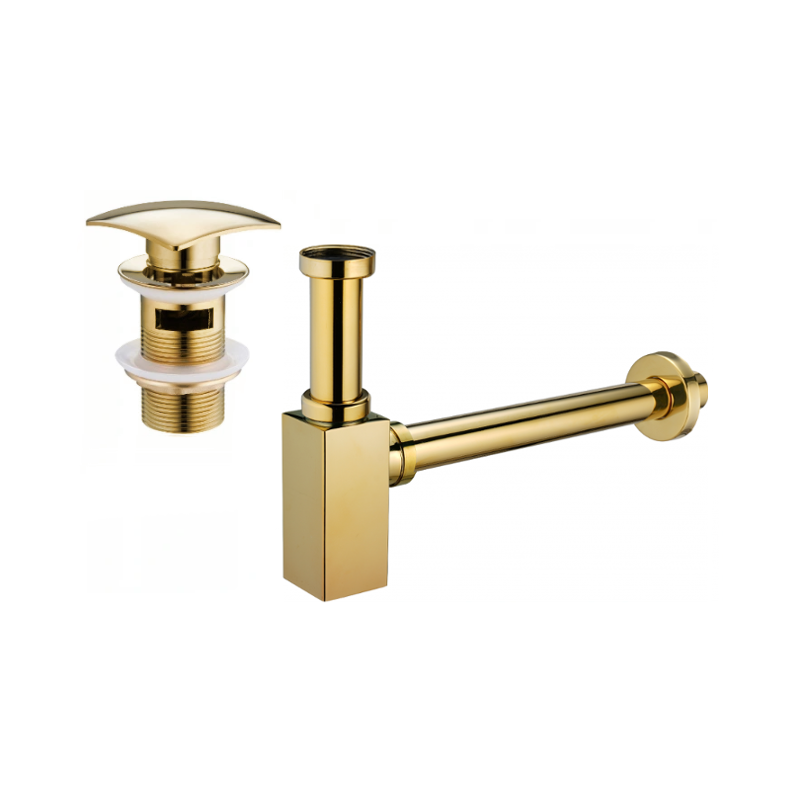 Mexen square washbasin siphon with a click-clack plug and overflow, Gold - 7992660-50