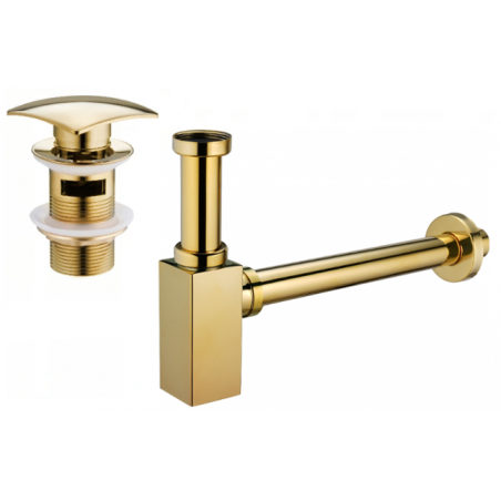 Mexen square basin semi-siphon with click-clack pop-up waste, with overflow, gold - 7992660-50
