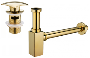 Mexen square basin semi-siphon with click-clack pop-up waste, with overflow, gold - 7992660-50