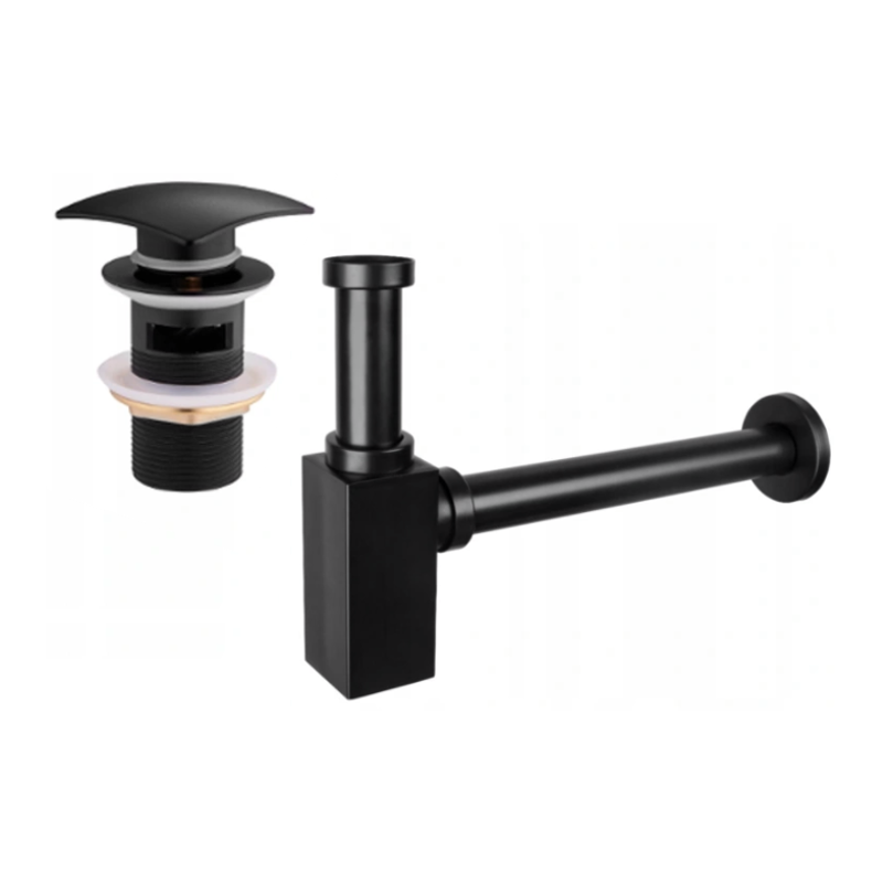 Mexen square washbasin siphon with a click-clack plug and overflow, Black - 7992660-70