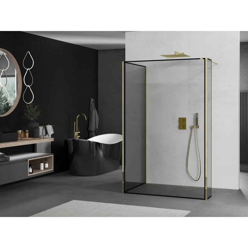 Mexen Kioto Shower Wall Walk-in 90 x 90 x 30 cm, Black Frame, Gold - 800-090-090-221-50-70-030
