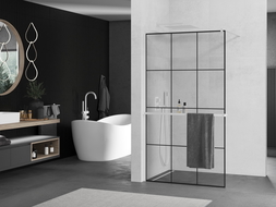 Mexen Kioto+ shower wall with shelf Walk-in 110 x 200 cm, black grid, white - 800-110-121-20-77