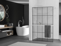 Mexen Kioto+ shower wall with shelf Walk-in 130 x 200 cm, black grid, white - 800-130-121-20-77