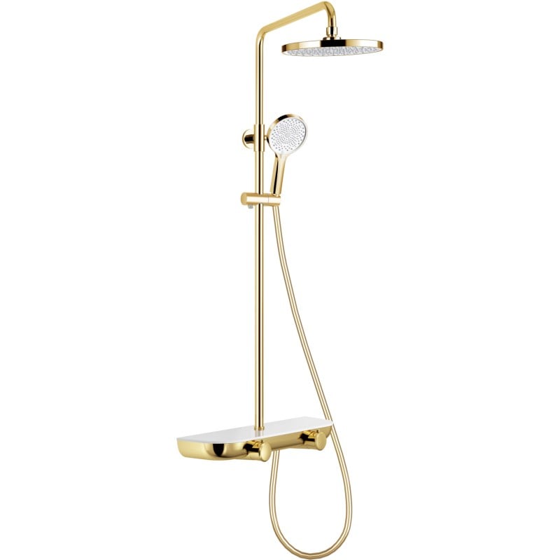 Mexen Axis shower set with overhead shower and faucet, gold/white - 78112-25