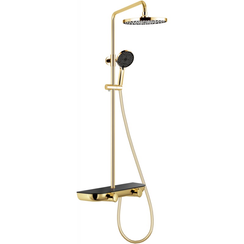 Mexen Axis exposed shower set with overhead shower and mixer, gold/black - 78112-75