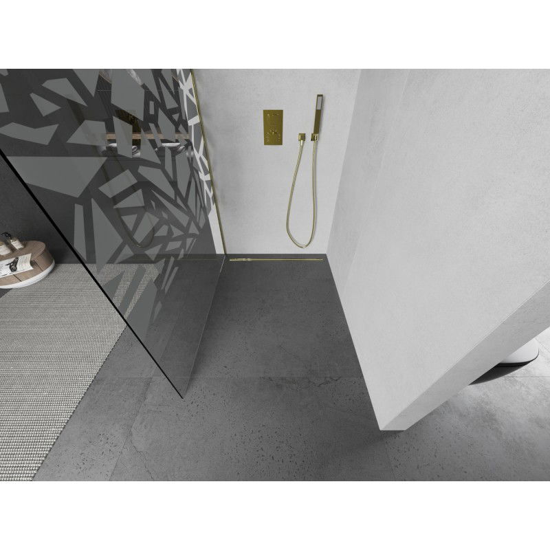 Mexen Kioto L Walk-in Shower Wall 100 x 200 cm, White Pattern, Brushed Gold - 800-100-103-55-85