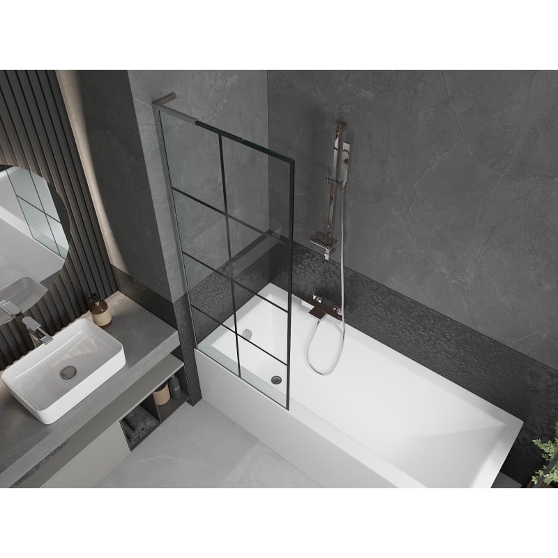 Mexen Next L Single-Leaf Bath Screen 70 x 150 cm, Black Grid, Chrome - 895-070-000-03-77-01