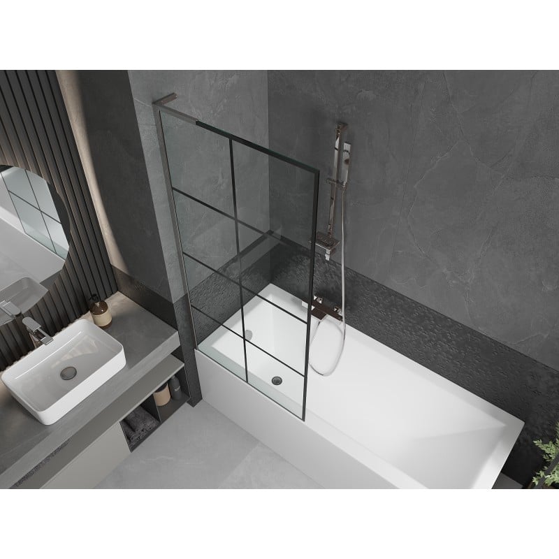 Mexen Next L Bathtub Screen 1-winged 80 x 150 cm, Black Grid, Chrome - 895-080-000-03-77-01
