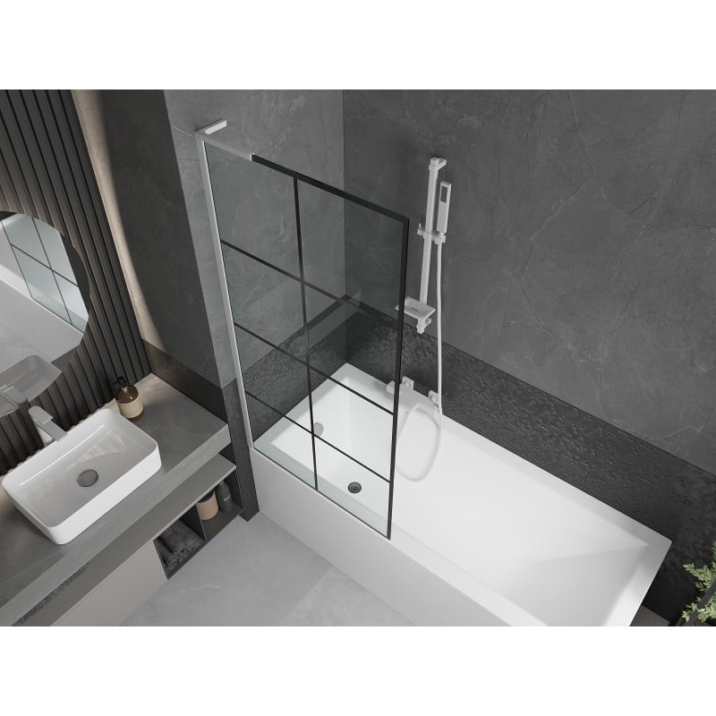 Mexen Next L 1-wing bath screen 80 x 150 cm, black grid, white - 895-080-000-03-77-20