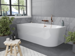 Mexen Mia corner freestanding bathtub left 150 x 75 cm, white, rose gold overflow - 52691507500L-60